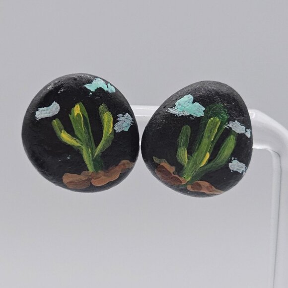 Artisan Folk Art Handpainted Stone Rock Earring Brooch Set Jewelry Black Cactus - Picture 7 of 16